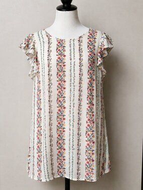 Womens Floral Stripe Shift Dress XL Tall Flutter Sleeve Boho Cottagecore Fairy